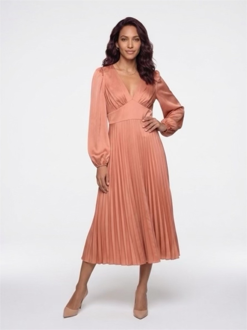 Flying Tomato Pleated Midi Dress in Coral Peach